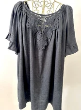 Max Studio Peasant Boho Knit Top Blouse Shirt Boho Solid Black Crochet Plus 1X