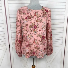 Loft Blouse Women Small Pink Floral Jacquard Ballon Sleeve Satin Boho Career
