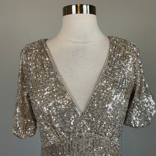 JS Collections Women's Formal Dress Size 2 Gold Sequined Short Sleeve Long Gown - Picture 5 of 9
