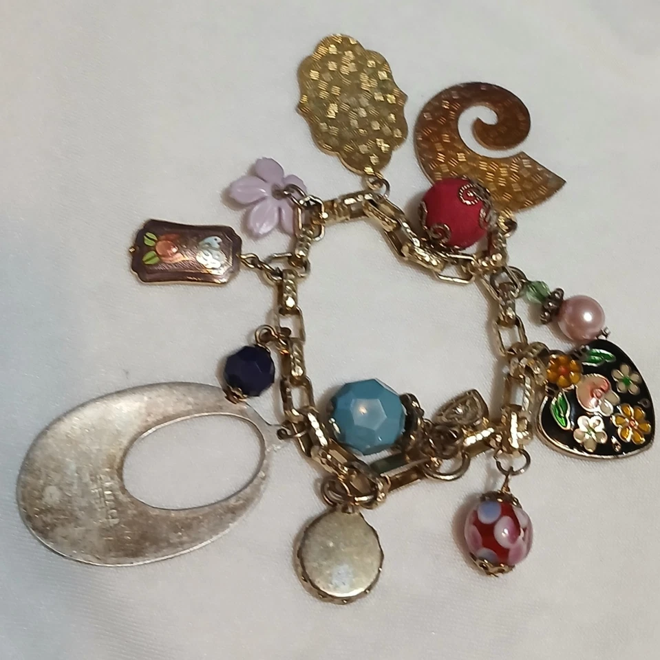 Pulsera Con Dijes Cloisonne Plata (1 Alpaca) Corazón Hinchado Etc De Colección Foto 2 de 4