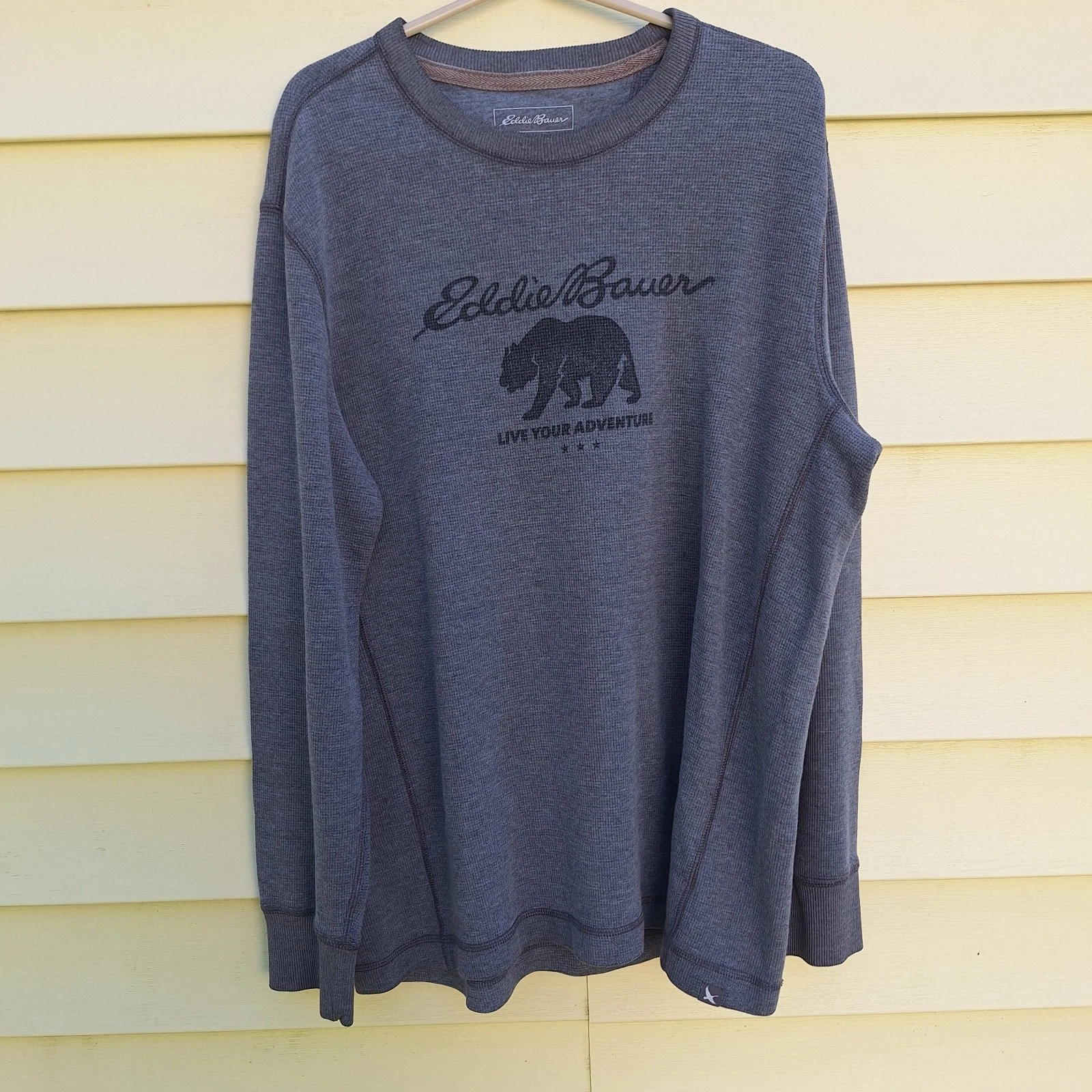 Eddie Bauer Waffle Knit Thermal Long Sleeve Shirt Grey Bear Outdoors Hiking Camp