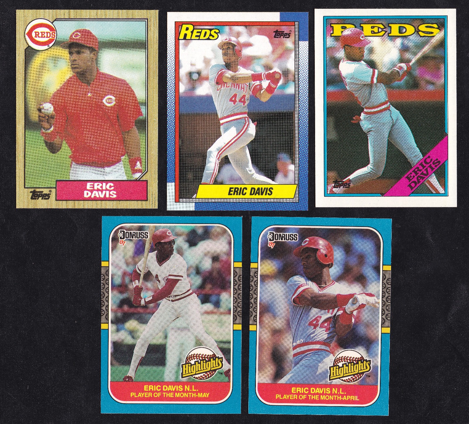 ERIC DAVIS TOPPS 1987 88 89 #412 #150 & #260 & DONRUSS 87 HL #3 #8 REDS LOT