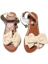 Women's Flat Sandals with Bow and Metallic Beads Open Toe Ankle Strap Dress Sand
