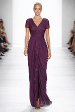 Elegant Plum Ruched Evening Gown Floor-Length Formal Soft Draping sz 6 Sleeves
