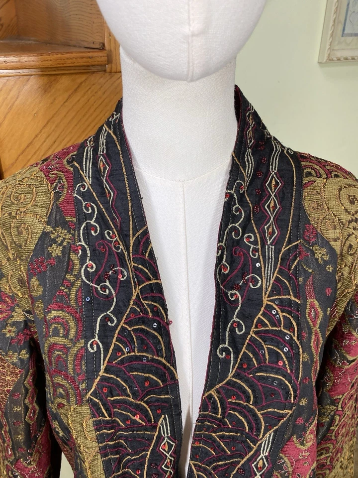 Blazer Chaqueta Tapiz Yak Magik Talla L Frente Abierto Bordado Cuentas Lentejuelas Artístico Foto 2 de 4