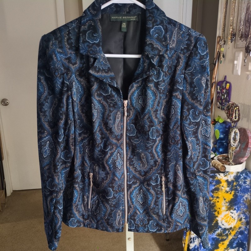 Harve Benard Women's Vintage Zip Up Jacket Blue Paisley Size PM Petite Medium 