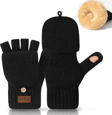 Winter Fingerless Gloves Convertible Mittens with Flip Top Thermal Fleece for...