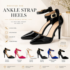 Women’s Pointed Toe Ankle Strap Heels – Gold Buckle Court Shoes UK 3–8