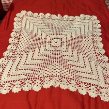 Vintage Handmade Crochet White Doily 14 In Square Scalloped Edge Cotton