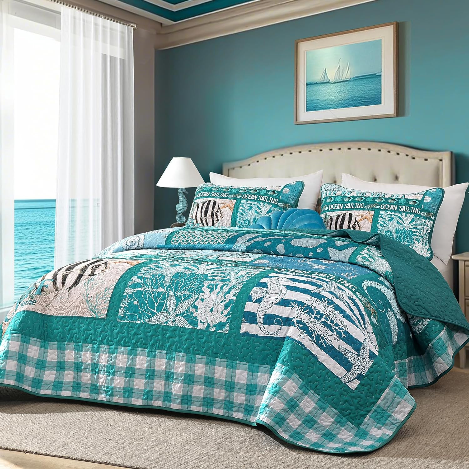 Coastal King Size Quilt Set 3 Piece,Summer Beach Bedspread Coverlet Lightweight
