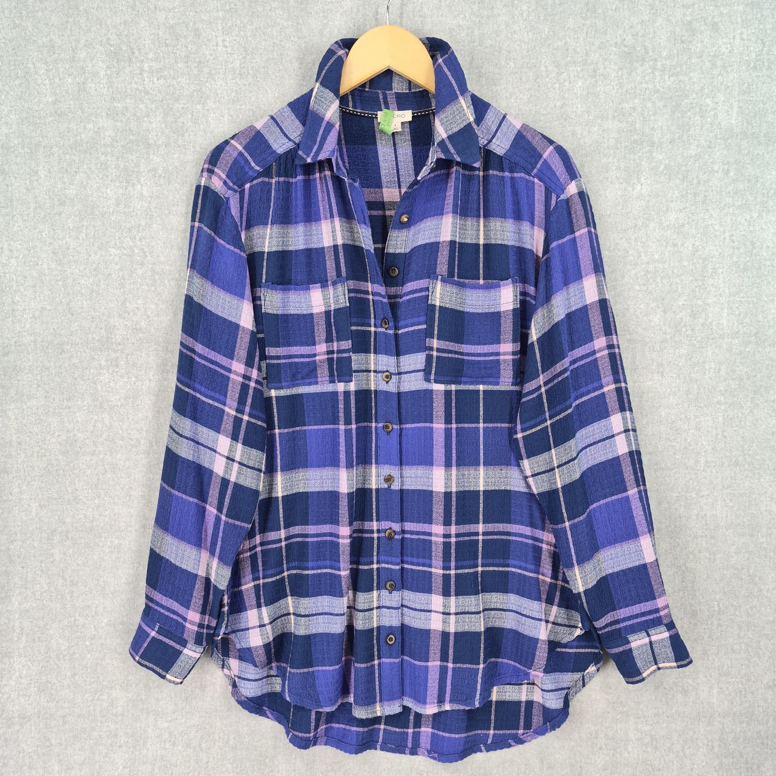 Pilcro Shirt Womens Small Purple Blue Plaid Button Front Rayon Boho Top Casual