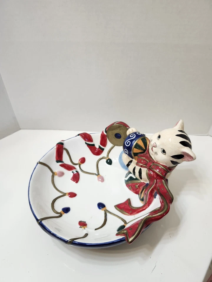 Cat Kitty Kitten Large Ceramic Candy Bowl Christmas Colorful 9" W X 3" D - Image 4 of 4