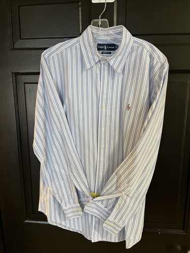 Camicia vintage Ralph Lauren con bottoni uomo L 16 1/2 blu/bianco righe carne pony - Foto 4 di 10