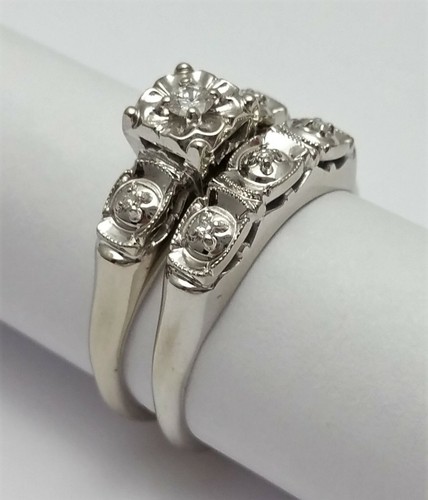 Elegant 14K Karat Solid White Gold Ladies Wedding Set Ring With Diamonds - Picture 10 of 12