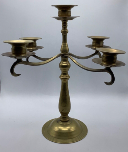 Vintage Aged/Unpolished Brass Candelabra 5 Candles, Disassembles, 11.25” tall - Picture 2 of 6