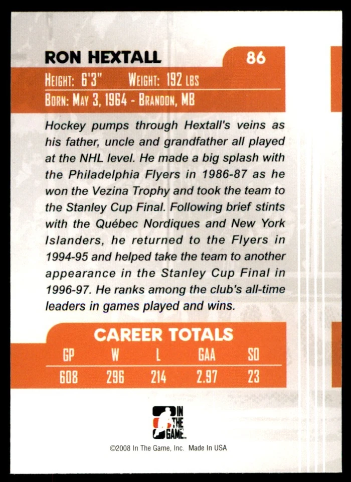 2007-08 In The Game Between the Pipes Ron Hextall #86 - Image 2 of 2