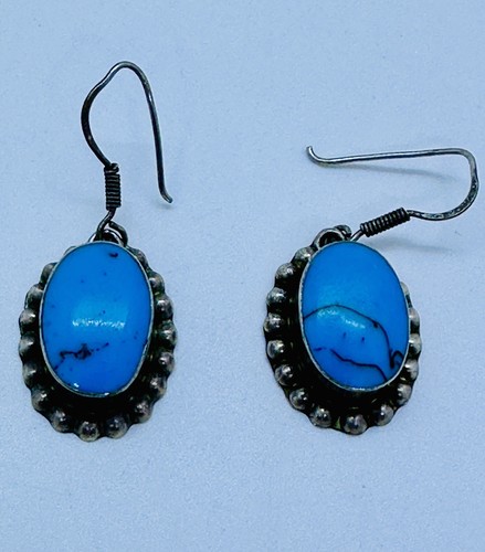 Vintage Handmade Taxco Mexican Turquoise Silver Dangle Earrings - Picture 2 of 7