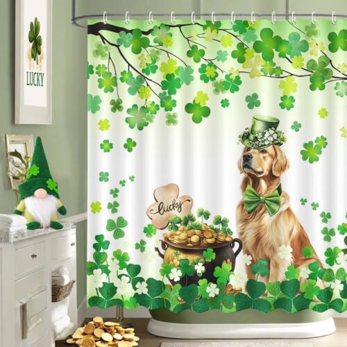 St Patrick's Day Lucky Dog Shower Curtain Green Spring Shamrocks Tree Shower