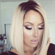 Dark Gray to Gold Ombre Shoulder Length Straight Wig Blonde Women Synthetic Hair