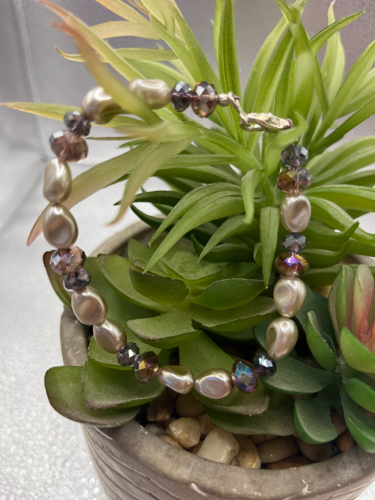 Purple Swarovski Crystal and Tan Pearl Bracelet - 7 Inch-image