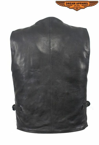Men's Motorcycle Leather Cargo Vest Zippered Front Closure w/ Straps & Pockets - Picture 8 of 10