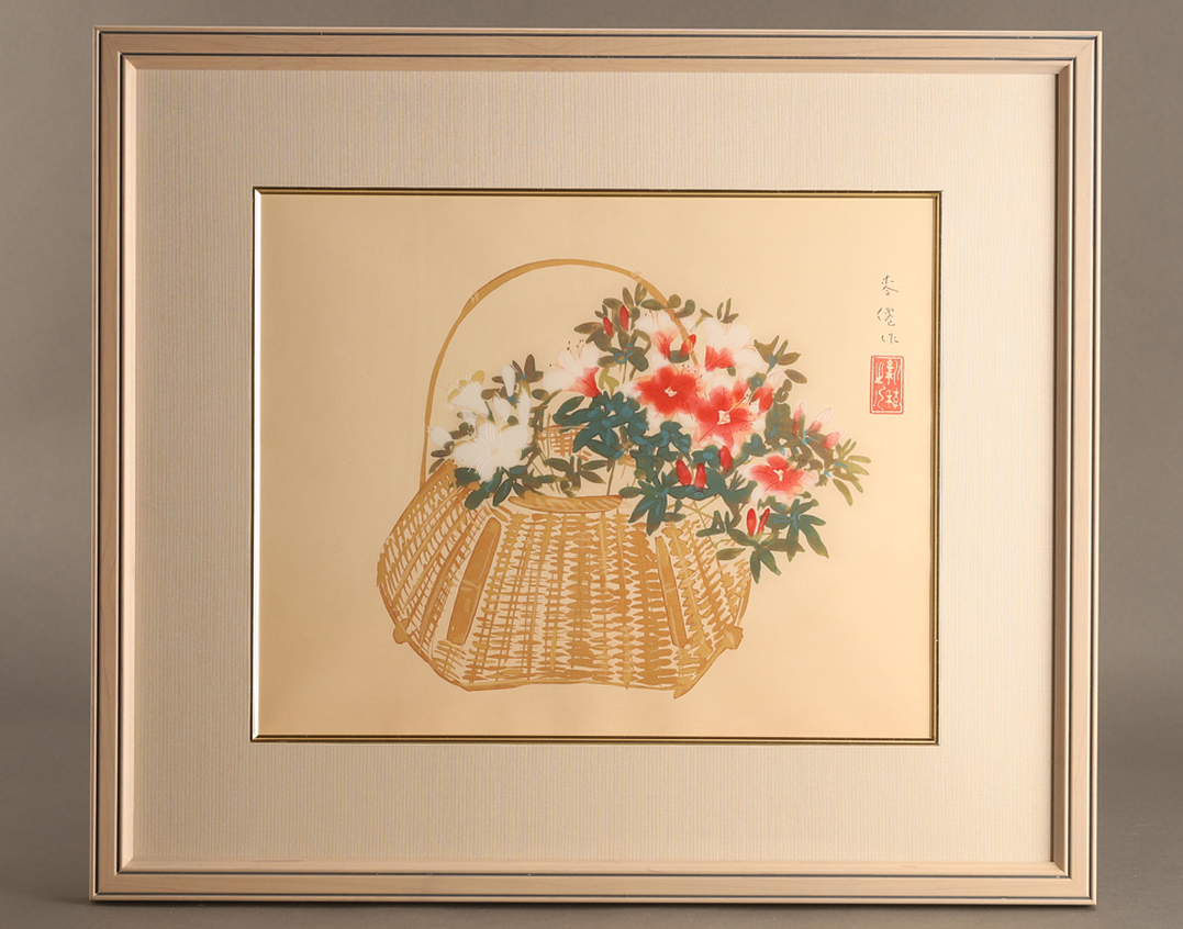 Tsuchida Bakusen Woodblock Print Flower Basket Framed, with