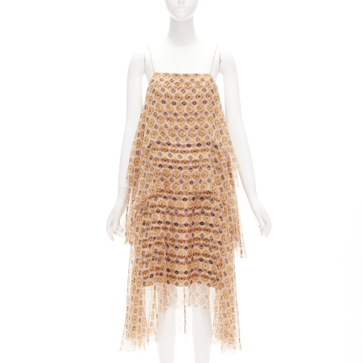 DRIES VAN NOTEN beige 100% silk pixel print tiered striped DRIES VAN NOTEN beige 100% silk pixel print tiered striped