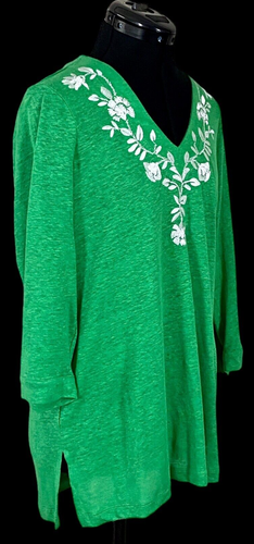 Chicos Linen Top SZ 0 Small NWT($75) Pullover 3/4 Sleeve Green Sequin Accents - Picture 10 of 12