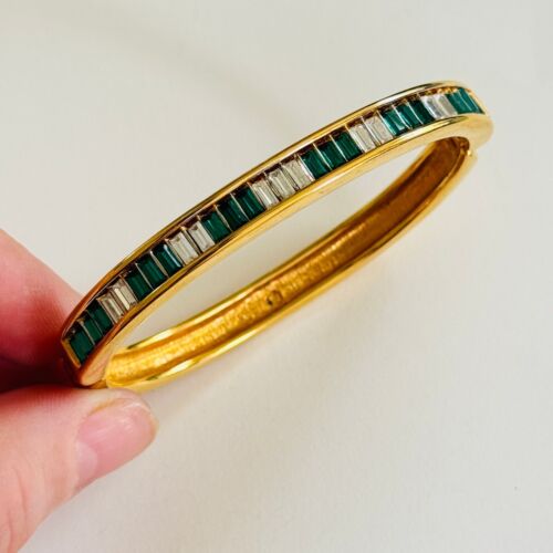 Swarovski signed Bracelet green clear baguette crystal gold high end designer