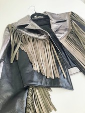 Rare Leather Metallic Black Silver Fringe Tassel Jacket Western Festival Wedding