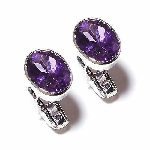 Conjunto de bisel gemelos ovalados de amatista de laboratorio de plata de ley 925 elegantes joyas para hombre - Imagen 1 de 4