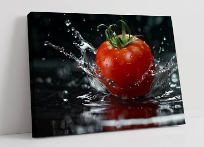 TOMATE FÄLLT INS WASSER - GERAHMTES LEINWANDBILD WANDBILD BILD DRUCK