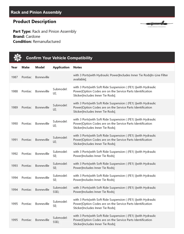 Для 1987-1995 Pontiac Bonneville стойка и шестерня в сборе Cardone 1988 1989 1990 - Изображение 2 из 4
