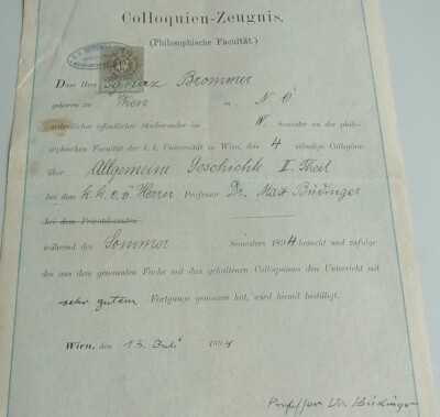 Historiker Max BÜDINGER (1828-1902): Signatur auf Colloquien-Zeugnis WIEN 1894
