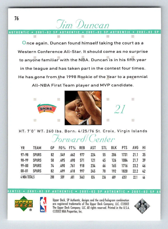 2001-02 SP Authentic #76 Tim Duncan (ref 193238) - Image 2 of 2