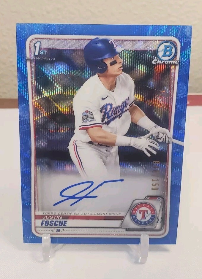 2020 Bowman Draft Justin Foscue Blue Wave Refractor 1st Chrome Auto /150 Rangers