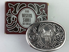 Vintage AVON Western Saddle Silver Tone Belt Buckle in Orig. Box
