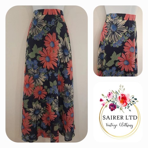 Vintage Skirt Size 10 Navy Blue Pink Floral Long Maxi Sheer Lined Retro Bold - Picture 11 of 11