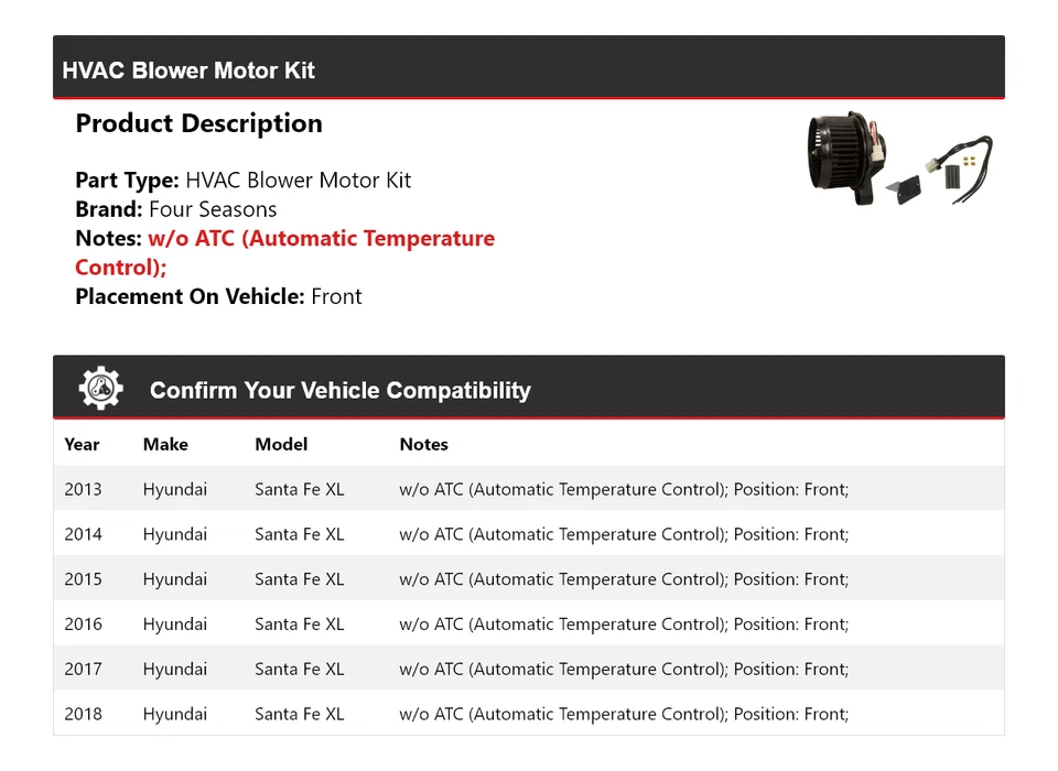 Kit de motor soplador HVAC delantero 4 estaciones 2014 para Hyundai Santa Fe XL 2013-2018 Foto 2 de 3