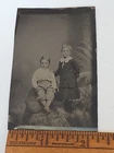 19thC Tintype Photo Sibling Children Hand on Shoulder Rustic Studio 1870s Blonde