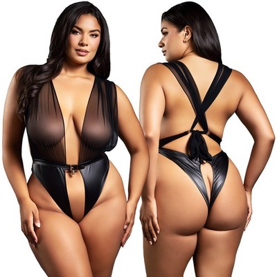 Queen Black Faux Leather Mesh Teddy Open Crotch Sheer Plunge Lingerie