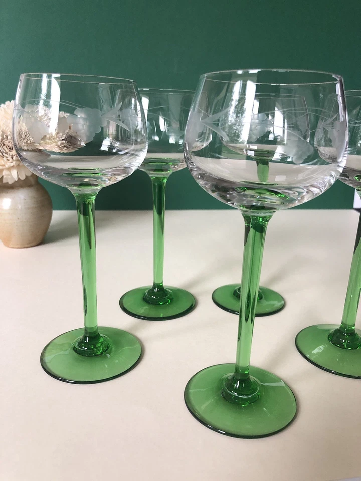 6 verres à vin blanc d'alsace pied vert gravés raisin - Photo 3/4