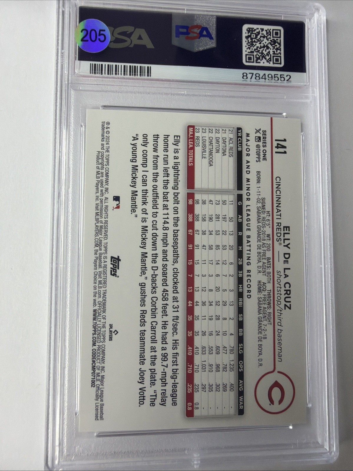 2024 Topps Elly De La Cruz RC #141 PSA 10 view 2