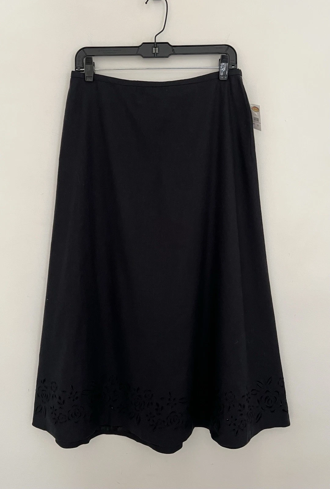 Vintage NWT~TALBOTS Irish Linen Blend Skirt 10 Black Floral Cutwork A-Line