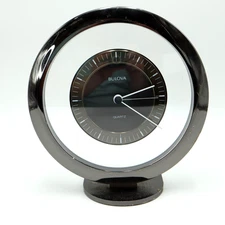 Vintage Bulova MCM Desk Clock 7.5" Black Clear Face Quartz B7864 Mantel