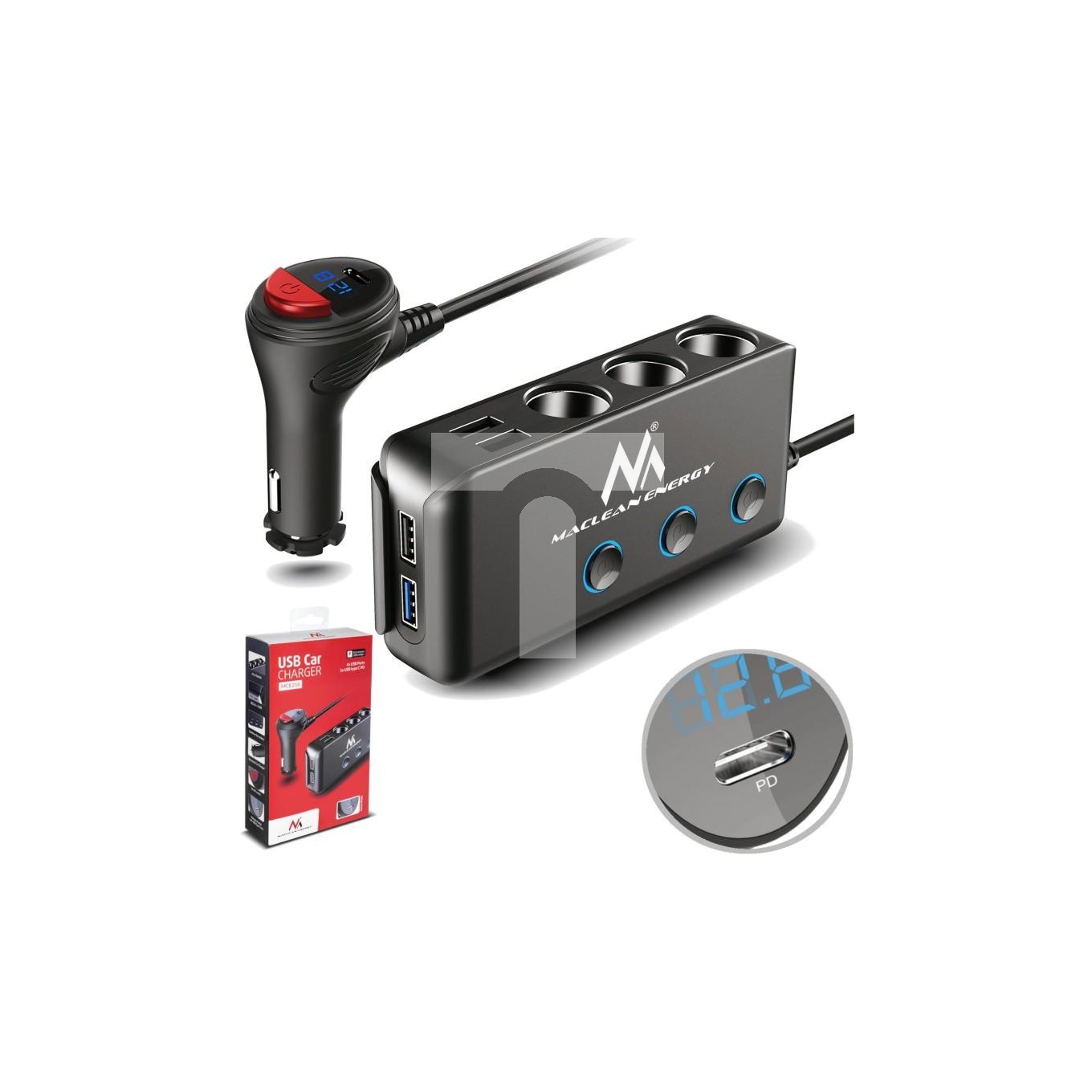 Maclean MCE218 3-Way Car Splitter Cigarette Lighter Adapter 4 USB Ports LED Voltmeter Max 120 W Charger Power Delivery 18 W - Image 3