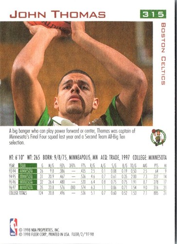 1997 Fleer John Thomas #315 Boston Celtics Basketball Card - Imagen 2 de 2