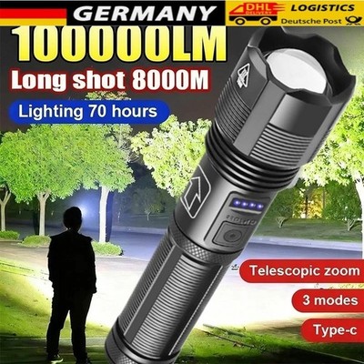 Flashlight LED USB Rechargeable 100000 Lumens Bright Waterproof Camping DE