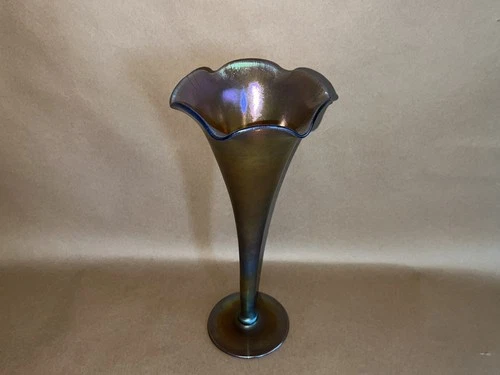 Steuben Art Glass Antique Large Gold Aurene Iridescent Trumpet Vase 12"