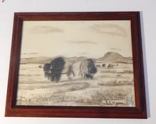 BUFFALO ART Painting  R.D Wymm Signed Framed 16 x 13 ORGINAL  Art drawn on glass